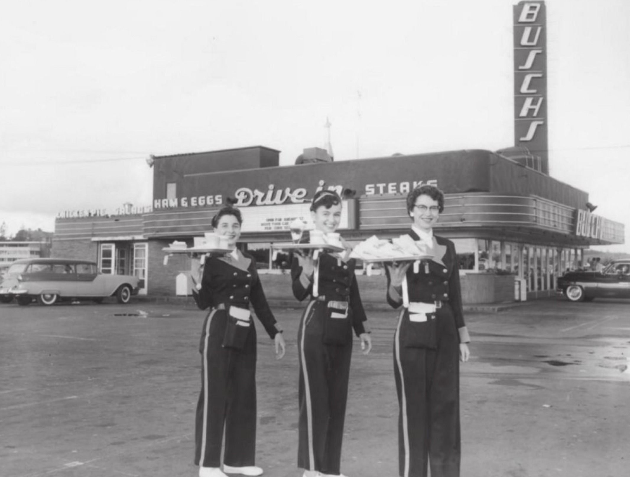 Uniformed carhops in 1956 at Busch's Drive-In, 3505 South Tacoma Way. Tacoma, WA 